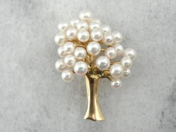 Pearl and 14K Yellow Goud Tree Brooch