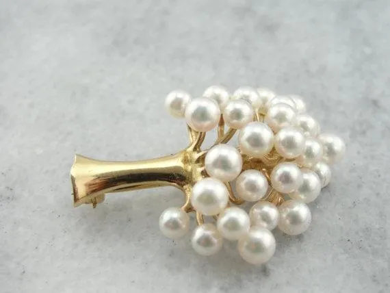 Pearl and 14K Yellow Goud Tree Brooch