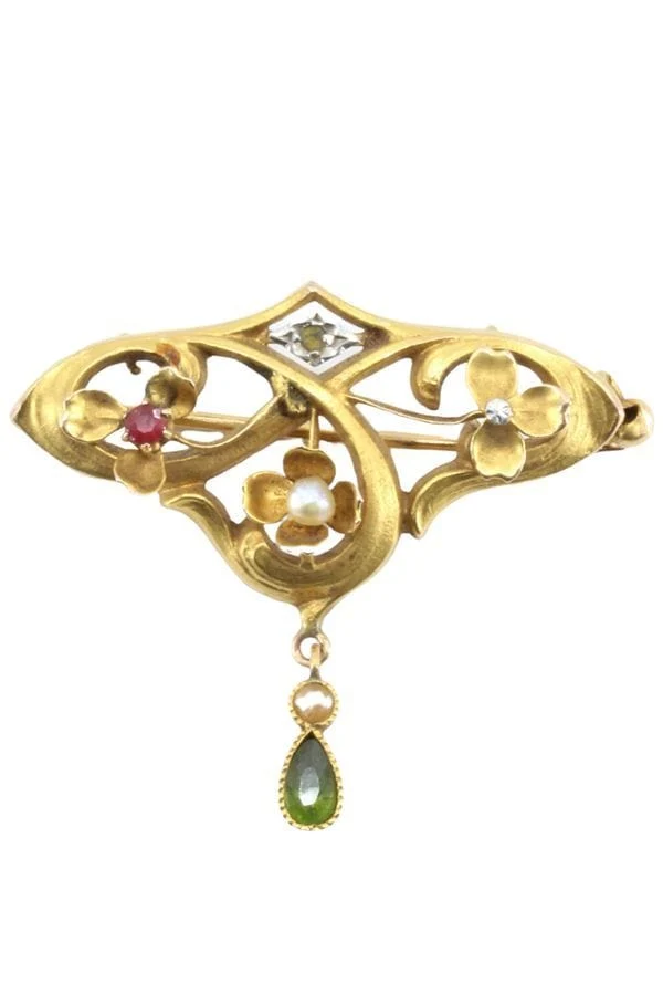 Roestvrij Staal ART-NOUVEAU TOURMALINE AND PEARL BROOCH
