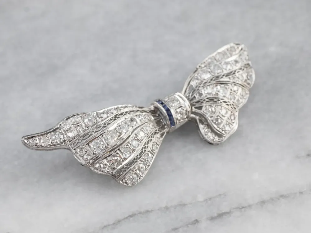 Roestvrij Staal Platinum Art Deco Diamond and Sapphire Filigree Pin