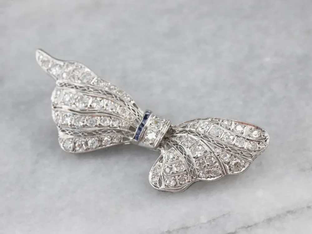 Roestvrij Staal Platinum Art Deco Diamond and Sapphire Filigree Pin