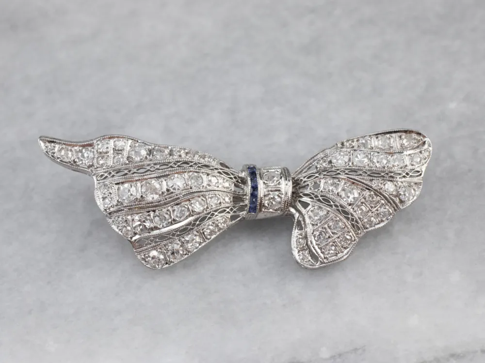 Roestvrij Staal Platinum Art Deco Diamond and Sapphire Filigree Pin