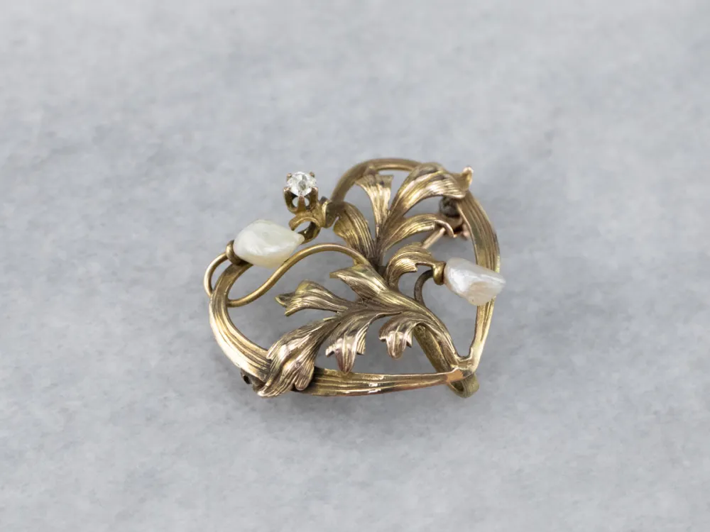 Verstelbare pen Antique Gouden Natural Pearl and Diamond Pin