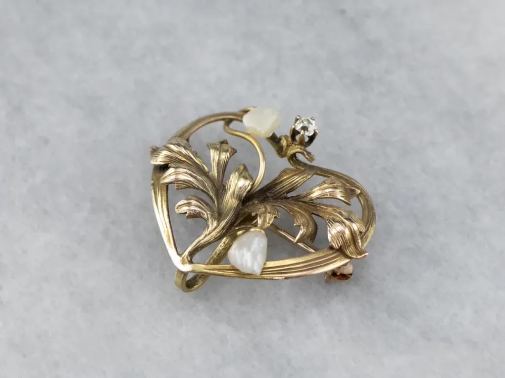 Verstelbare pen Antique Gouden Natural Pearl and Diamond Pin