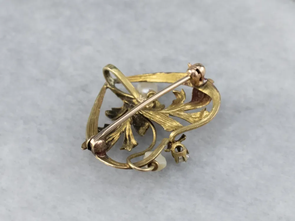Verstelbare pen Antique Gouden Natural Pearl and Diamond Pin