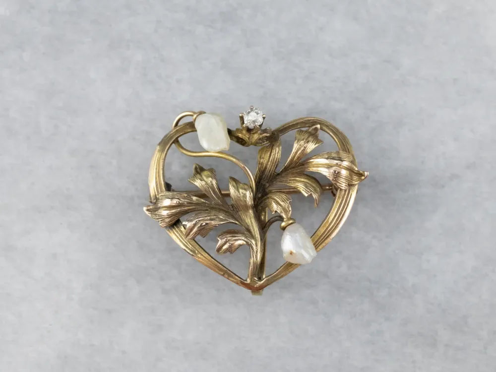 Verstelbare pen Antique Gouden Natural Pearl and Diamond Pin