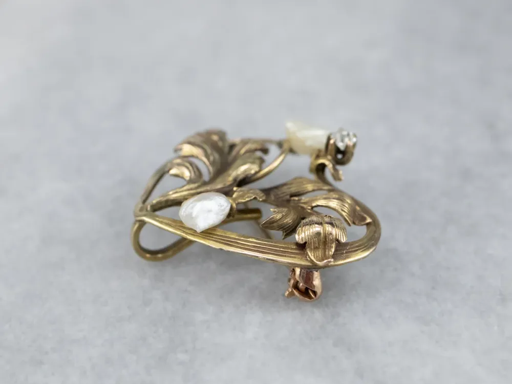 Verstelbare pen Antique Gouden Natural Pearl and Diamond Pin