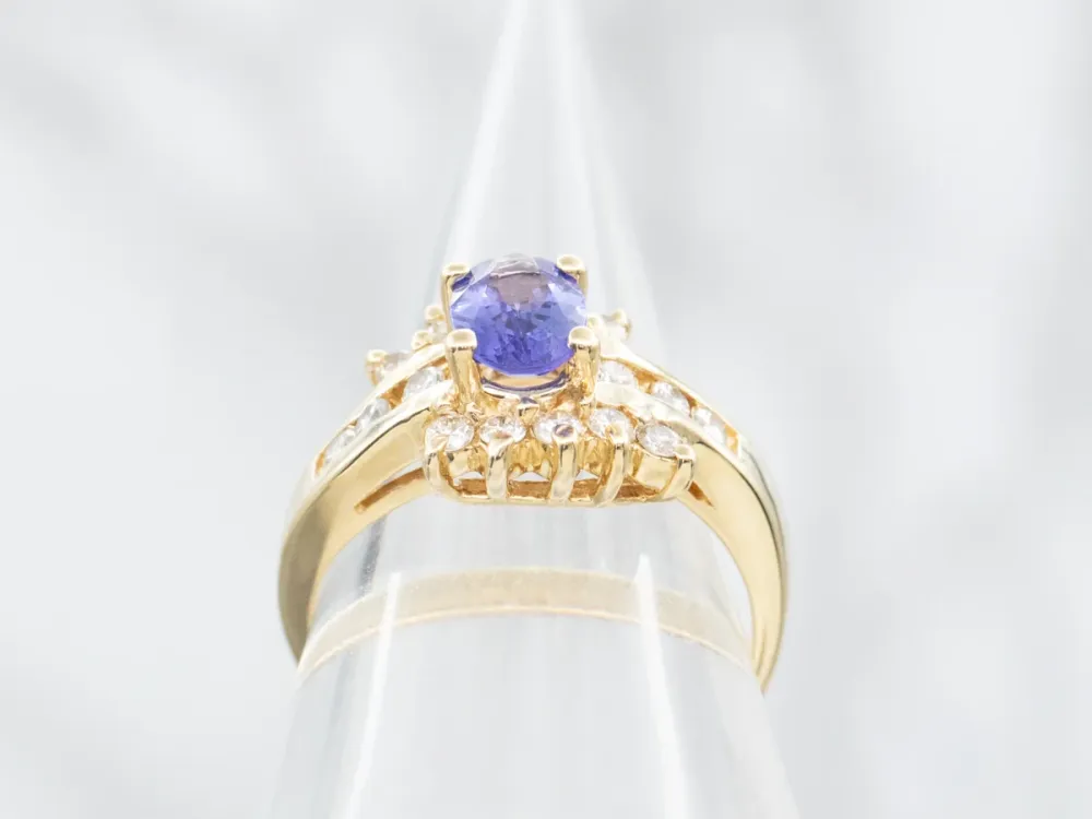 Modern Tanzanite and Diamond Halo Ring