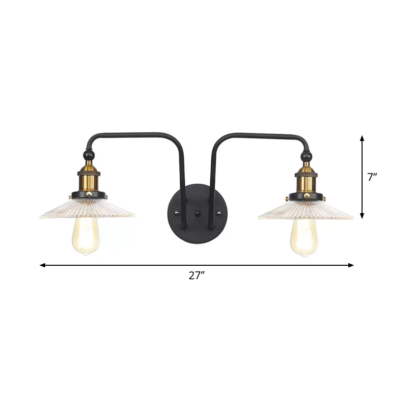 Industriële conische/golvende/flare schans zwak glas en metaal zwart 2-lamps wandmontage lamp voor binnen