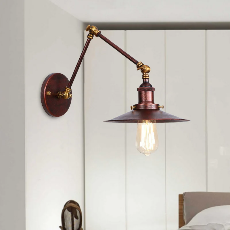 Metaal, zwart/roest, wandmontagelamp met platte kap, 1 lamp, industriële wandlamp met zwenkarm SAE J514 Conform