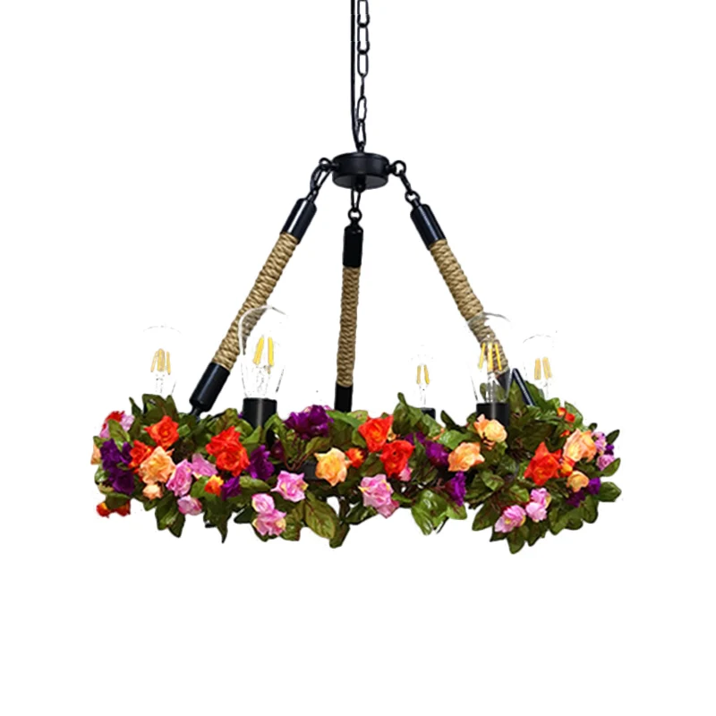 Metaal blootgestelde lamp hangende kroonluchter industriële 6-lichts restaurant slingerlamp met roze/groene kunstmatige bl...