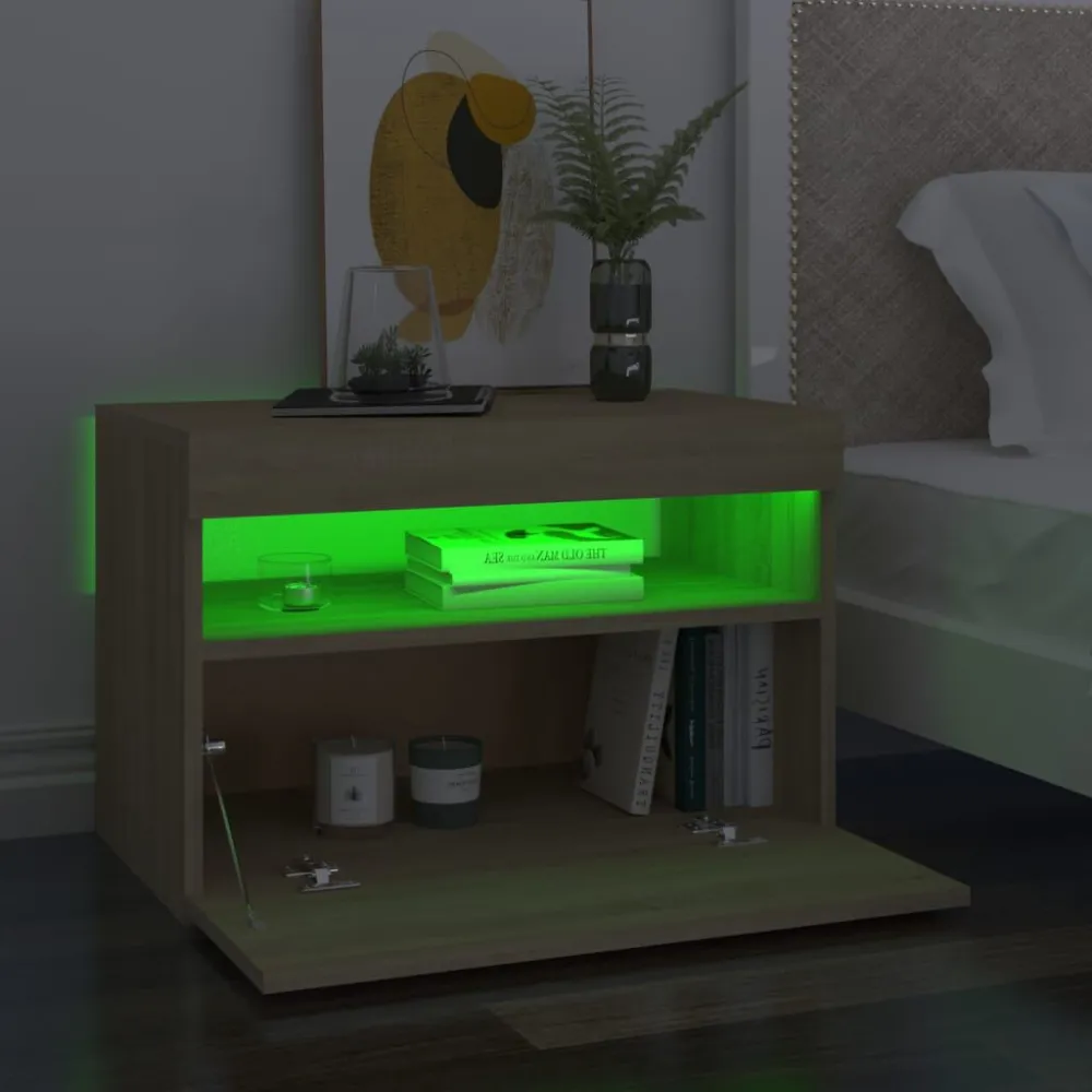 Nachtkastje LED-verlichting 60x35x40 cm bewerkt hout sonoma eik