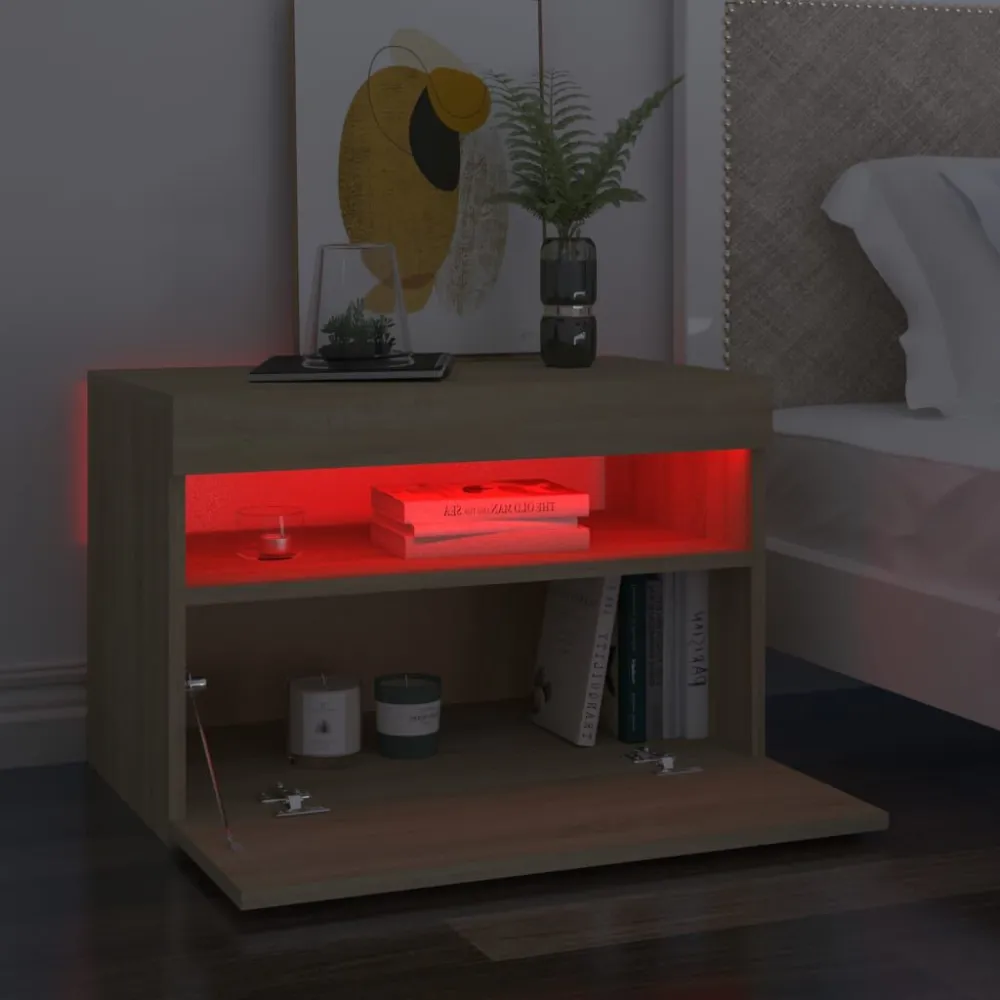 Nachtkastje LED-verlichting 60x35x40 cm bewerkt hout sonoma eik