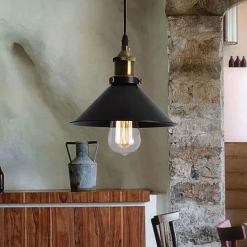 Industrial Wrought Iron Hanging Light Conical Metaal Shade Single Bulb Pendant Black Barn Farmhouse Porch Black