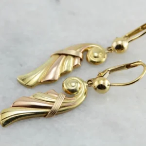Amazing Retro Era Dangle Earrings, Rose and Yellow Gouden Cornucopia Shaped Drops