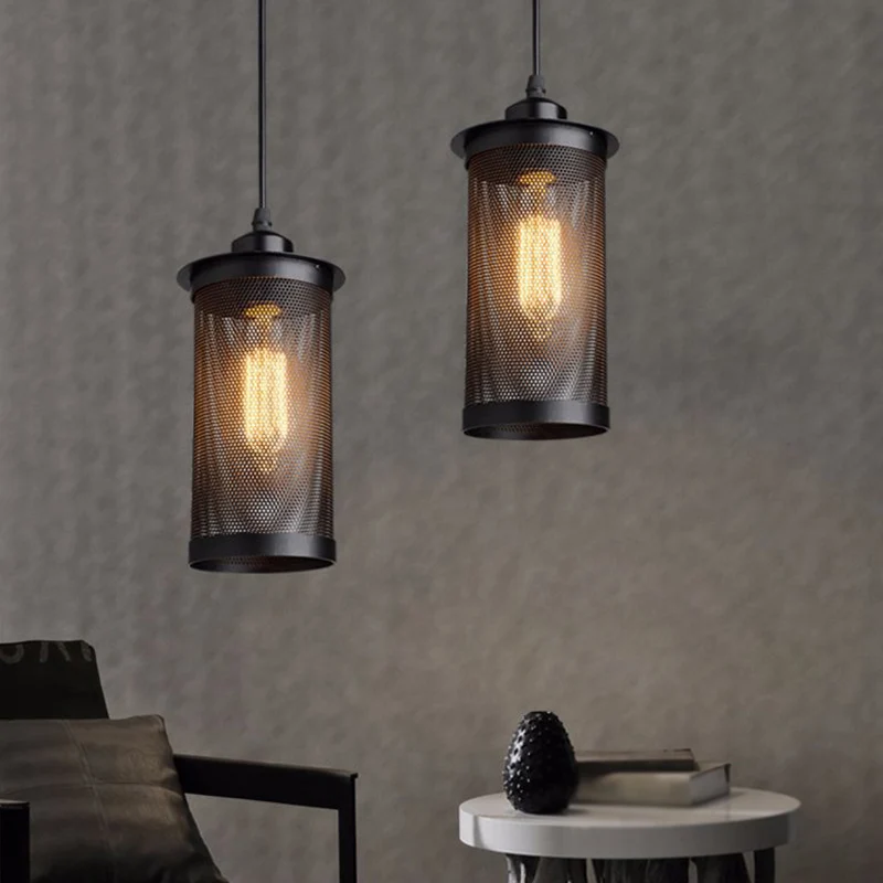 Dubbelwandige Metalen zwarte plafond hangende lantaarn cilindrisch gaas 1 kop industriële hanglamp voor café