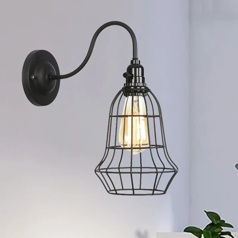 Industriële Globe/Teardrop Cage Wandkandelaar Metaal 1 Lamp Metallic Wandverlichting met Zwanenhals Arm Zwart met CE-Keurmerk