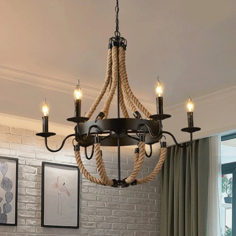 Ronde hangende plafondlamp met metalen ring en touw, industriële zwarte hanglamp - Directe Montage