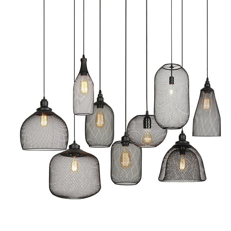 1 Light Wire Mesh Light Pendant Nordic Industrial Style Metaal Hanging Lights Bar Black