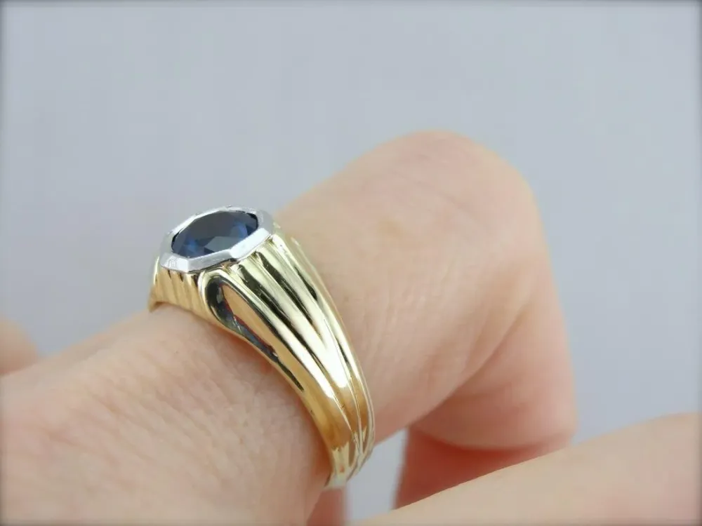 Green Gold and Blue Sapphire High Society Men's Ring