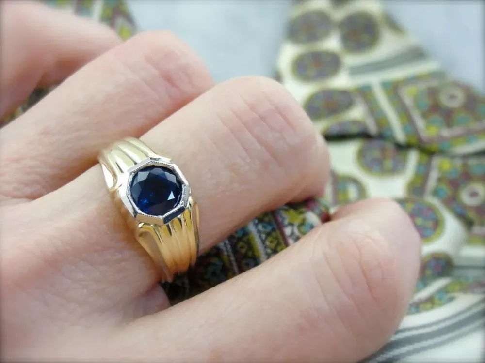 Green Gold and Blue Sapphire High Society Men's Ring