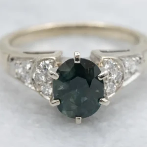 Modern Blue-Green Sapphire and Diamond Engagement Ring 18-Karat White Gold