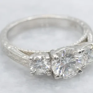 Modern Brilliant Diamond Engagement Ring Engraved Platinum Setting