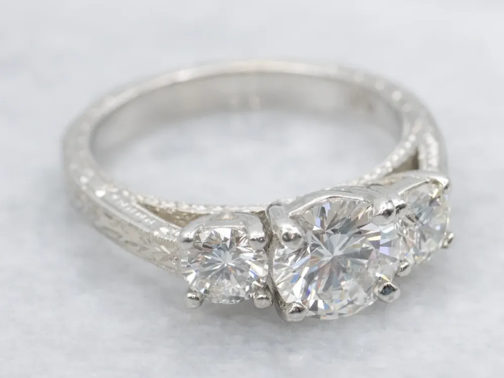 Modern Brilliant Diamond Engagement Ring Engraved Platinum Setting