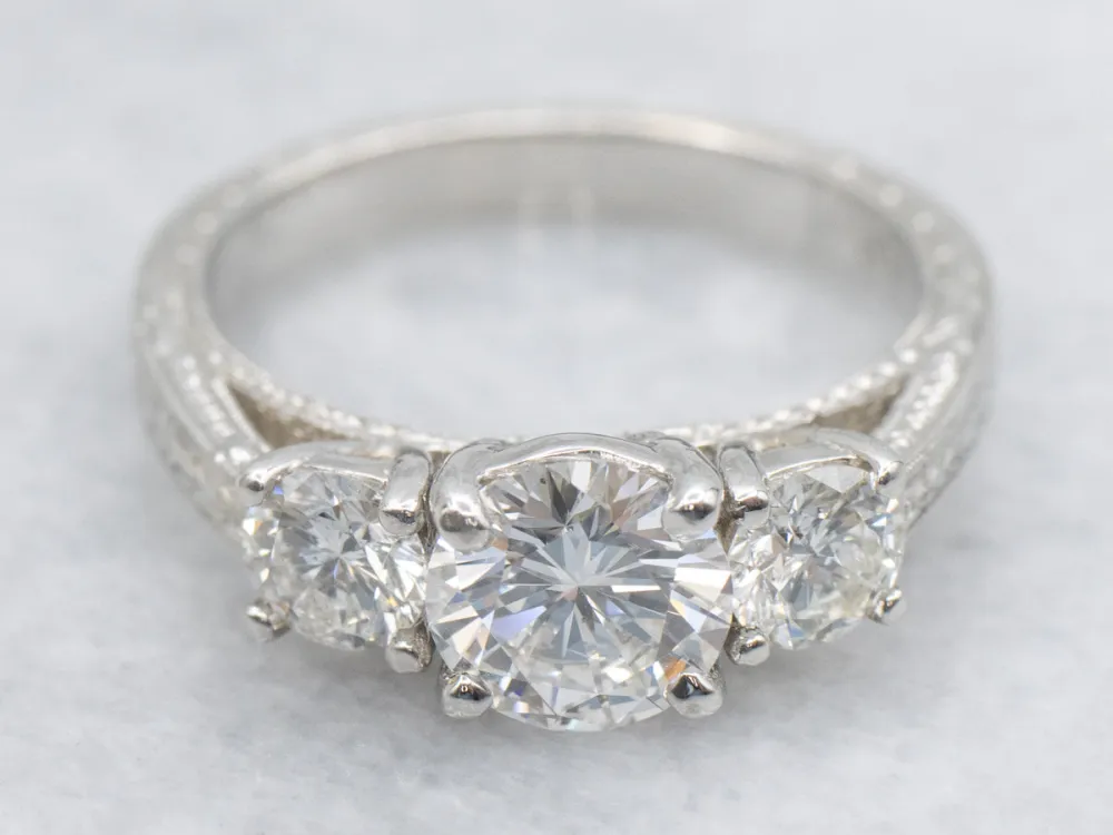 Modern Brilliant Diamond Engagement Ring Engraved Platinum Setting