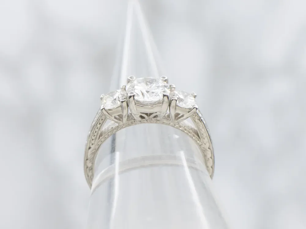 Modern Brilliant Diamond Engagement Ring Engraved Platinum Setting