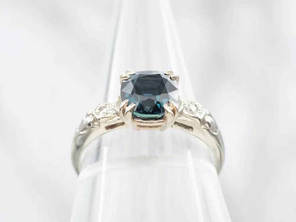 Retro Era Cushion Cut Sapphire and Diamond Engagement Ring