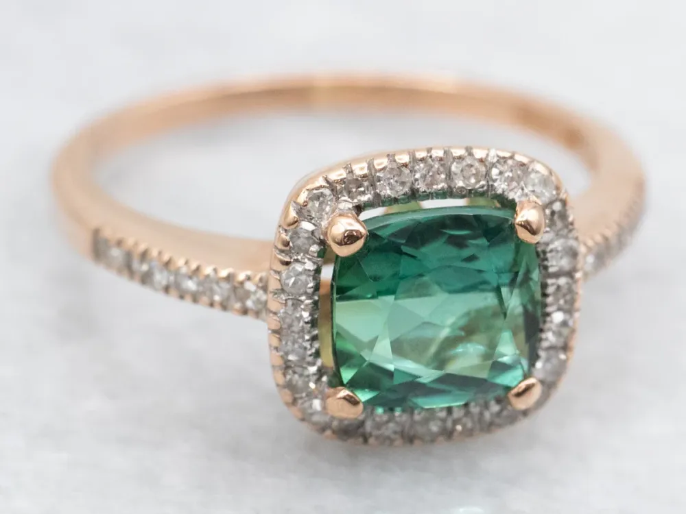 Roestvrij Staal Contemporain Indicolite Tourmaline and Diamond Halo Ring