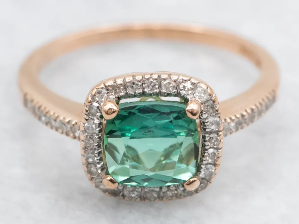 Roestvrij Staal Contemporain Indicolite Tourmaline and Diamond Halo Ring