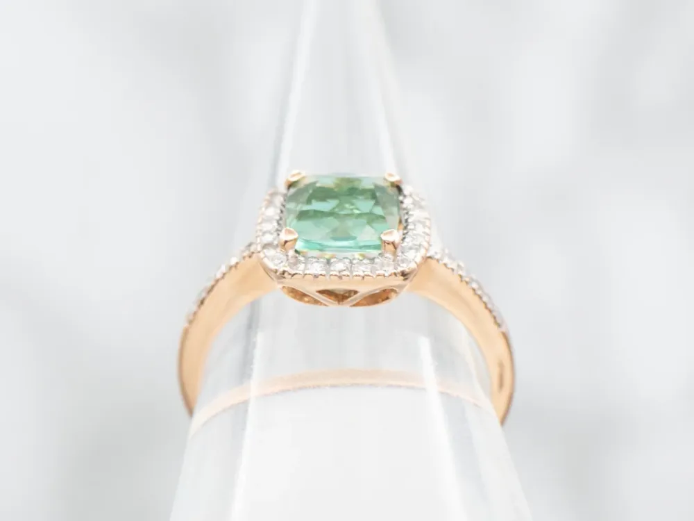 Roestvrij Staal Contemporain Indicolite Tourmaline and Diamond Halo Ring