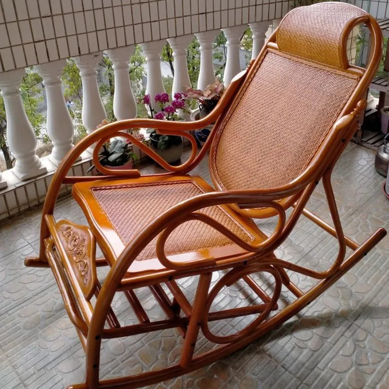 Traditional Rocking Chair Rattan Frame Uni Color Built- Armrest Indoor Rocking Chair Walnut
