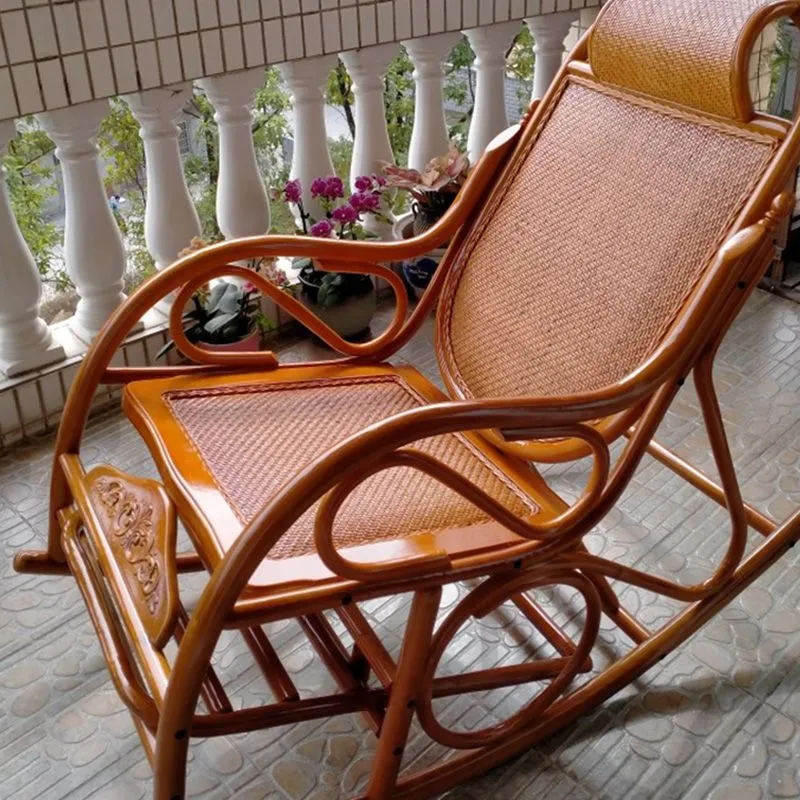 Traditional Rocking Chair Rattan Frame Uni Color Built- Armrest Indoor Rocking Chair Walnut