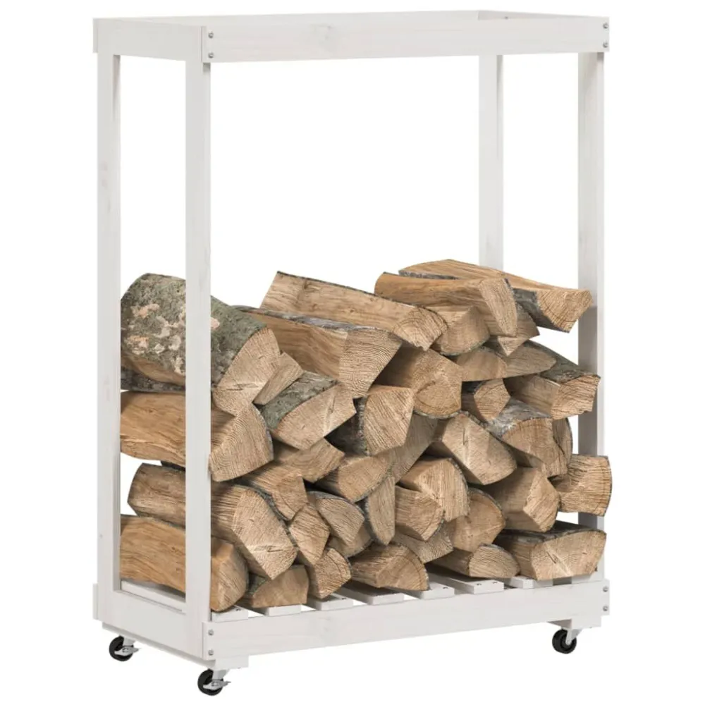 Houtblokhouder met wielen 76,5x40x108 cm massief grenenhout wit