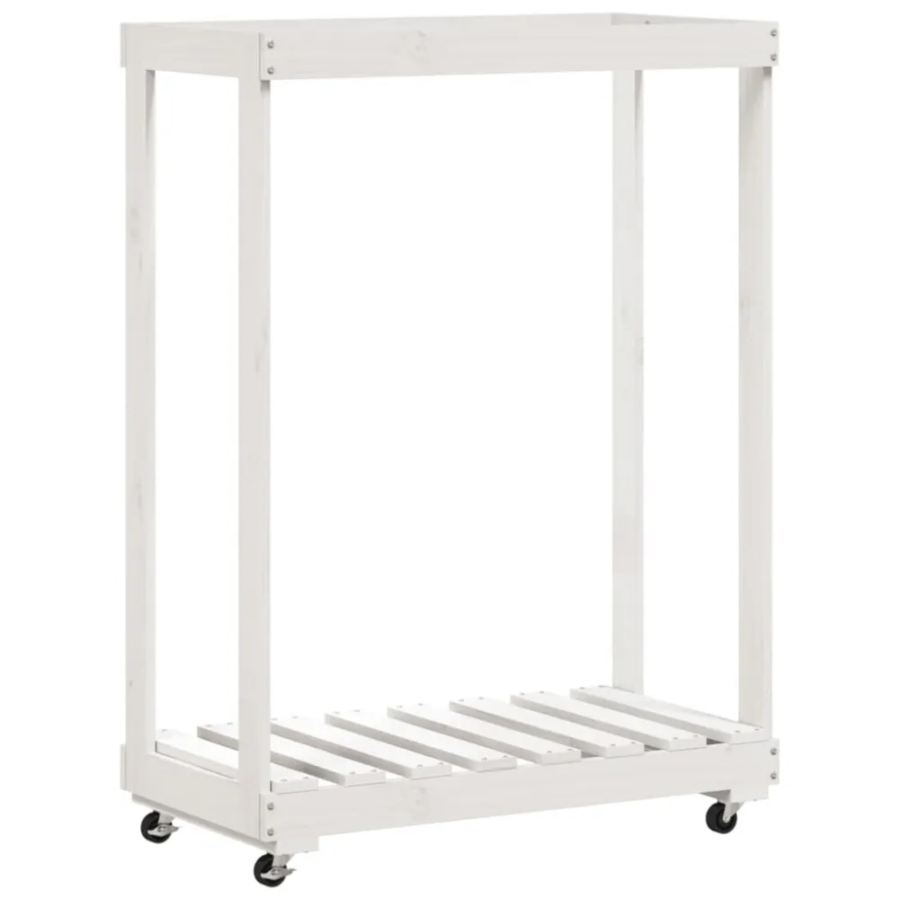 Houtblokhouder met wielen 76,5x40x108 cm massief grenenhout wit