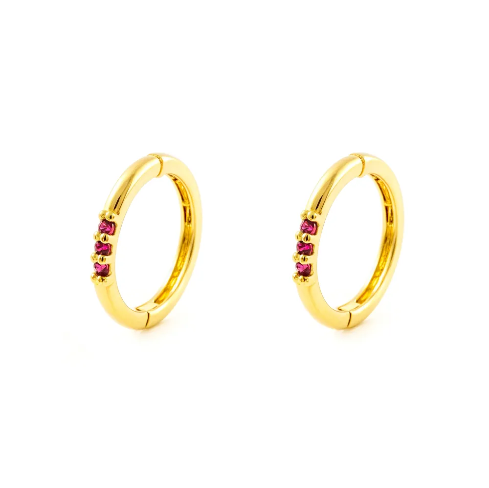 9ct Yellow Gold Round Hoop Earrings Synthetic Precious Rubies Shine 10 x 1.15 mm