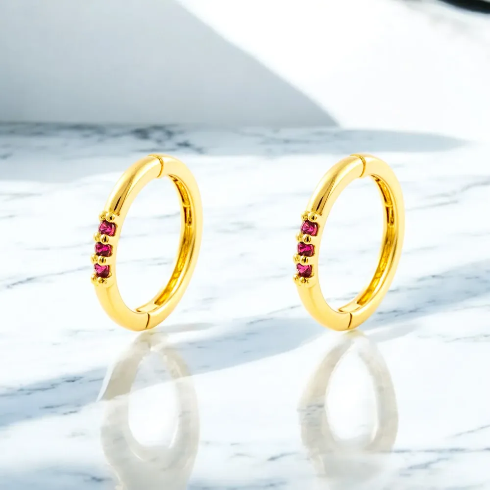 9ct Yellow Gold Round Hoop Earrings Synthetic Precious Rubies Shine 10 x 1.15 mm