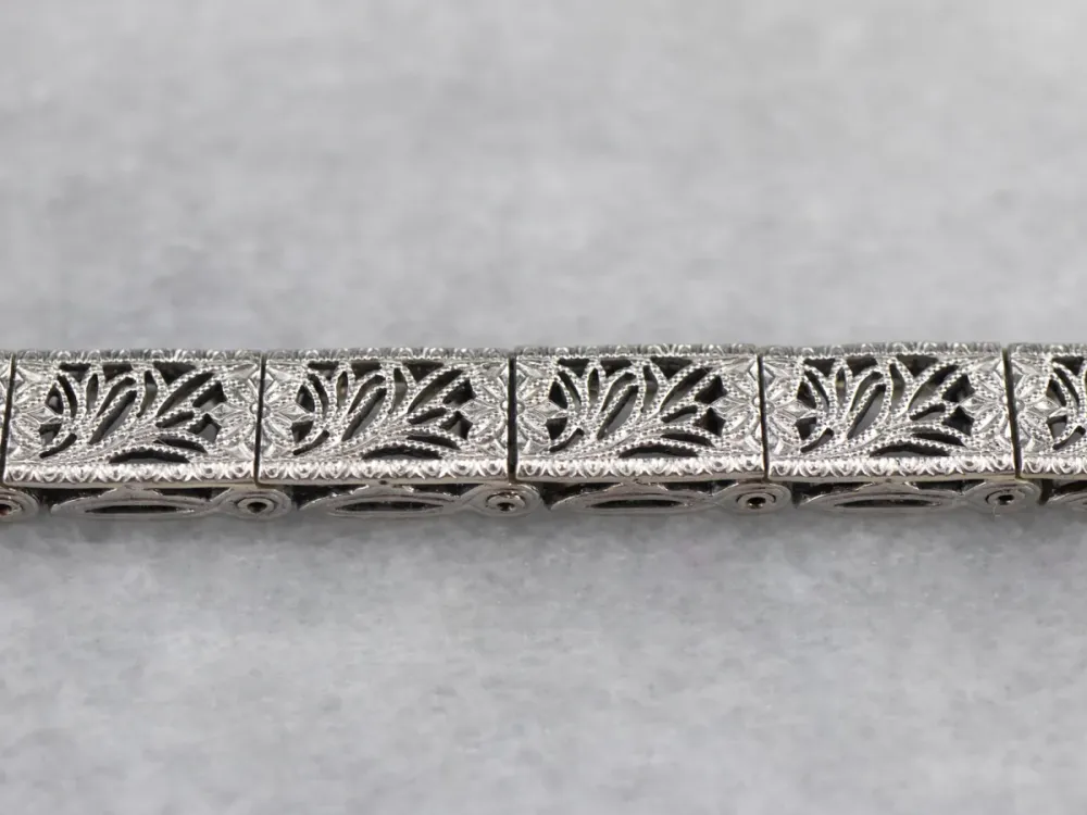 Art Deco White Gold Filigree Panel Link Bracelet