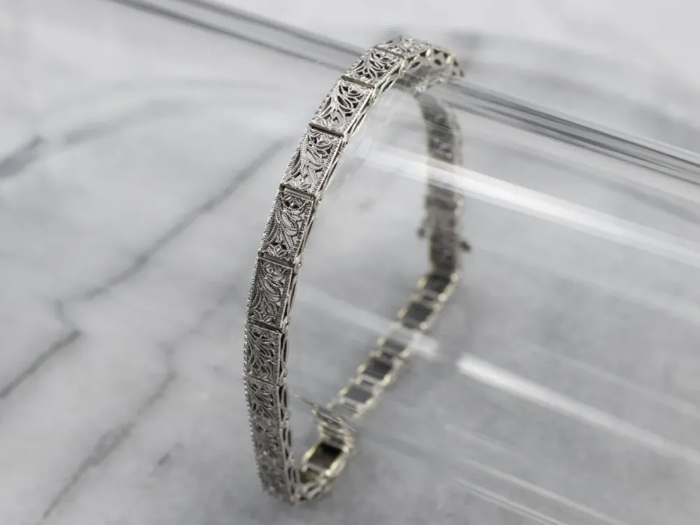 Art Deco White Gold Filigree Panel Link Bracelet