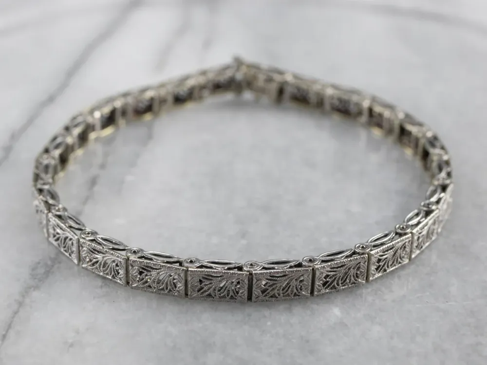 Art Deco White Gold Filigree Panel Link Bracelet