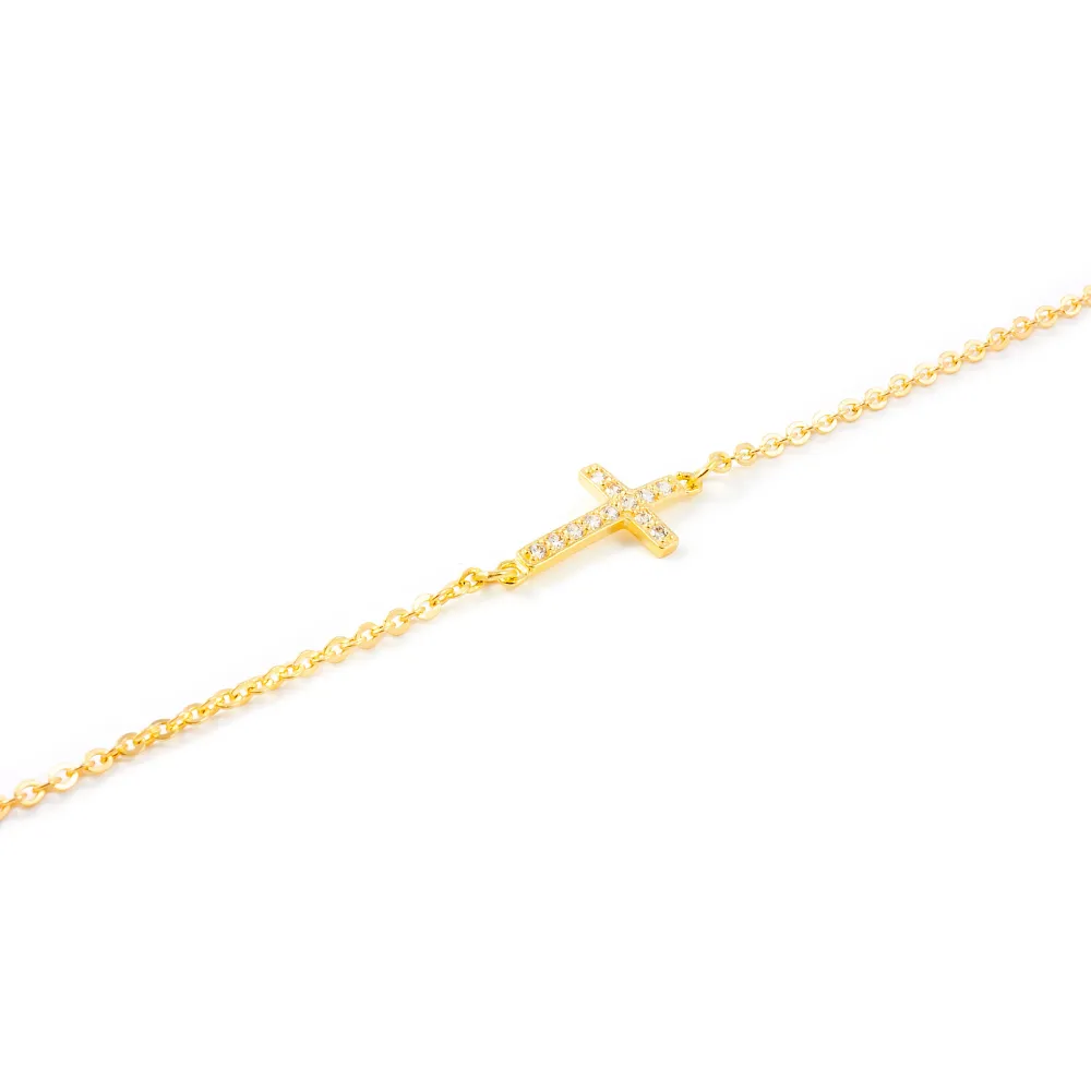 18ct Citroengeel Gold Horizontal cross Cubic Zirconias Necklace 46 cm