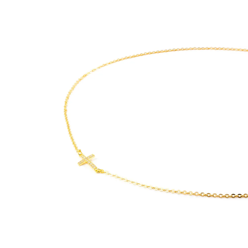 18ct Citroengeel Gold Horizontal cross Cubic Zirconias Necklace 46 cm