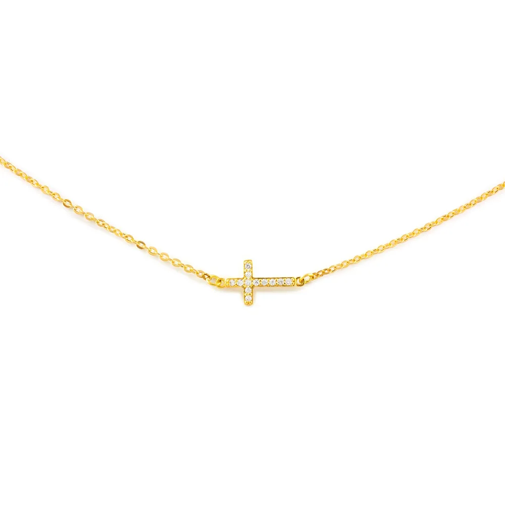 18ct Citroengeel Gold Horizontal cross Cubic Zirconias Necklace 46 cm