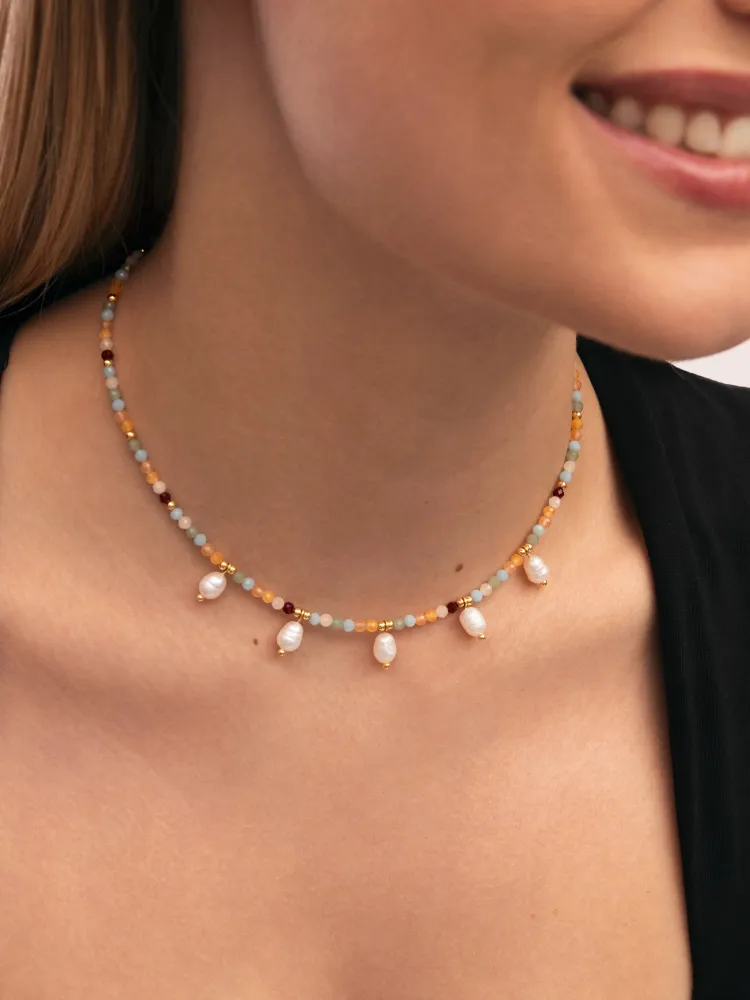 Crystal Pearls Niet-roestend Steel Gold Necklace met 5 jaar Garantie