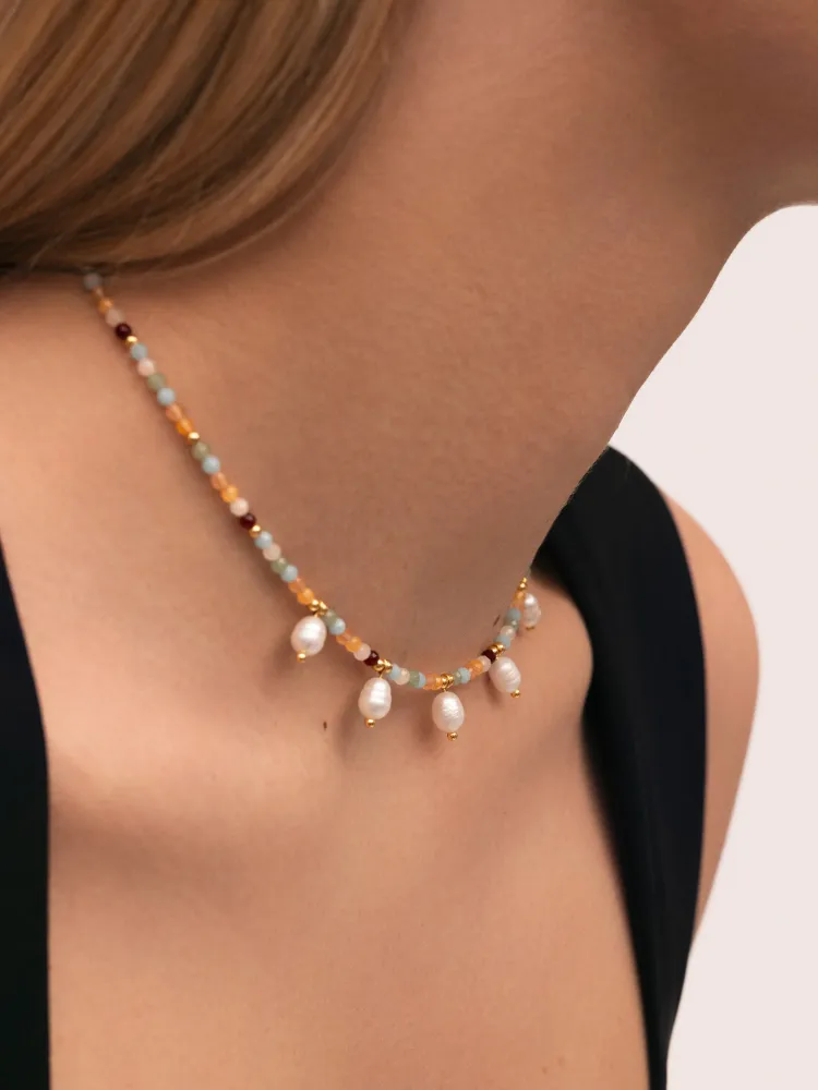 Crystal Pearls Niet-roestend Steel Gold Necklace met 5 jaar Garantie