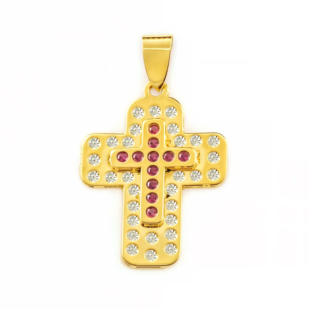 9ct Yellow Gold Rectangular Cross Synthetic Precious Rubies Shine 23 x 17 mm