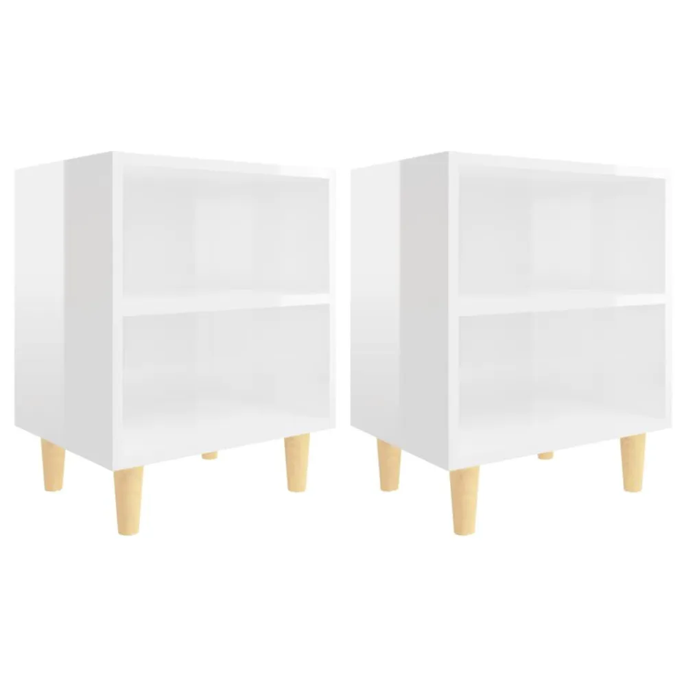 Nachtkastjes 2 st met houten poten 40x30x50 cm hoogglans wit